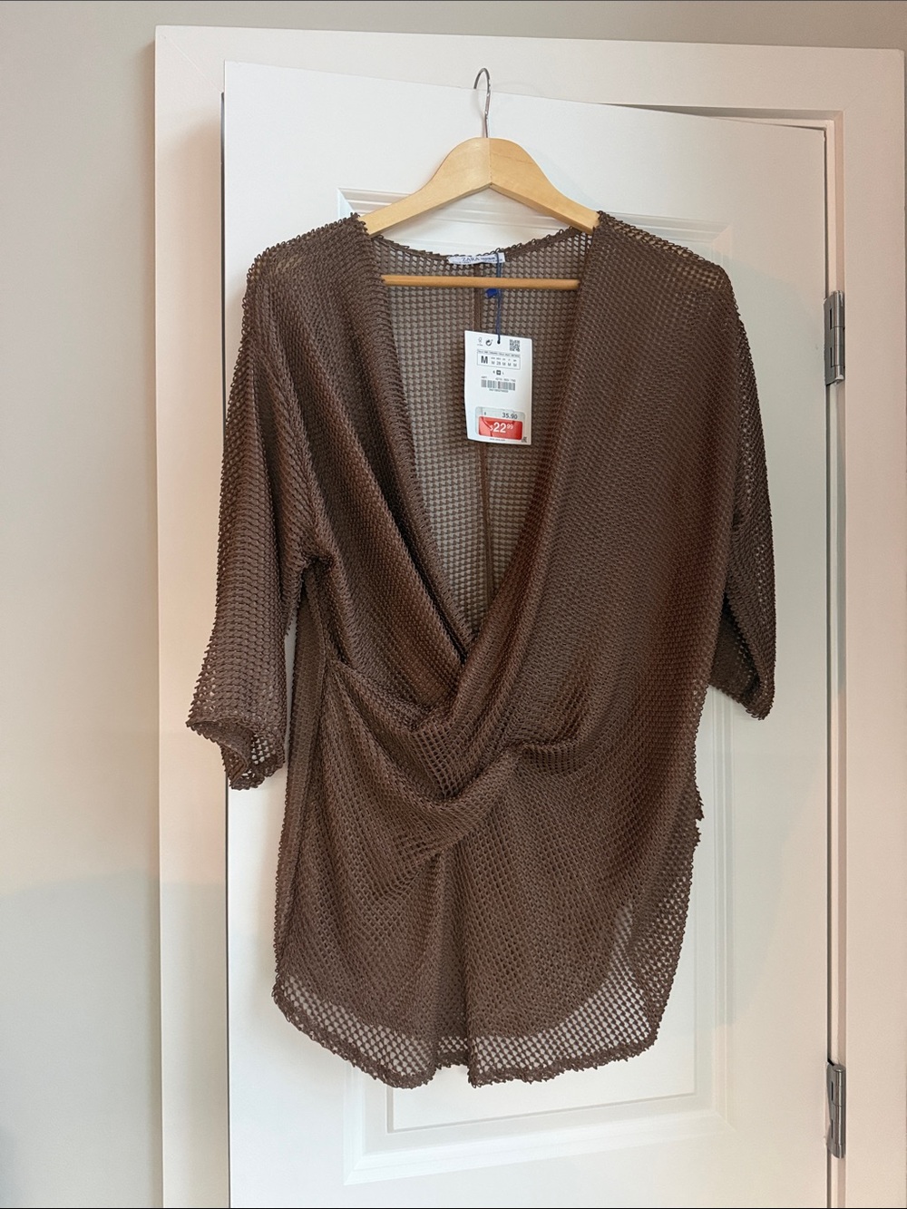 Zara Brown Open-Knit Twist-Front Tunic